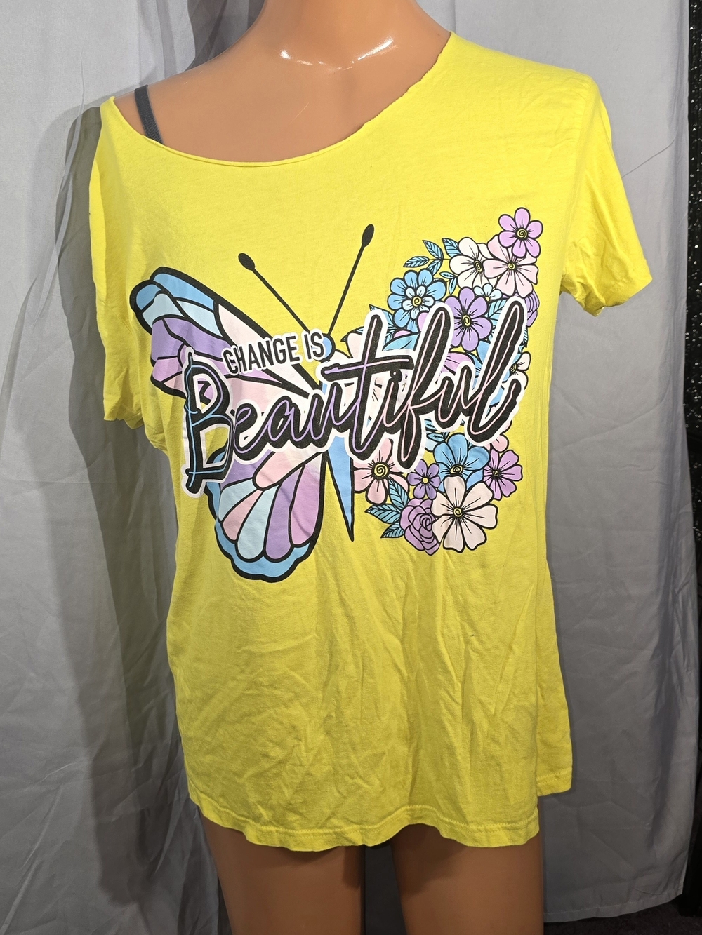 Size 2X On Fire Yellow Graphic Tee  "Change Is Beautiful" Butterfly, Cutout Back